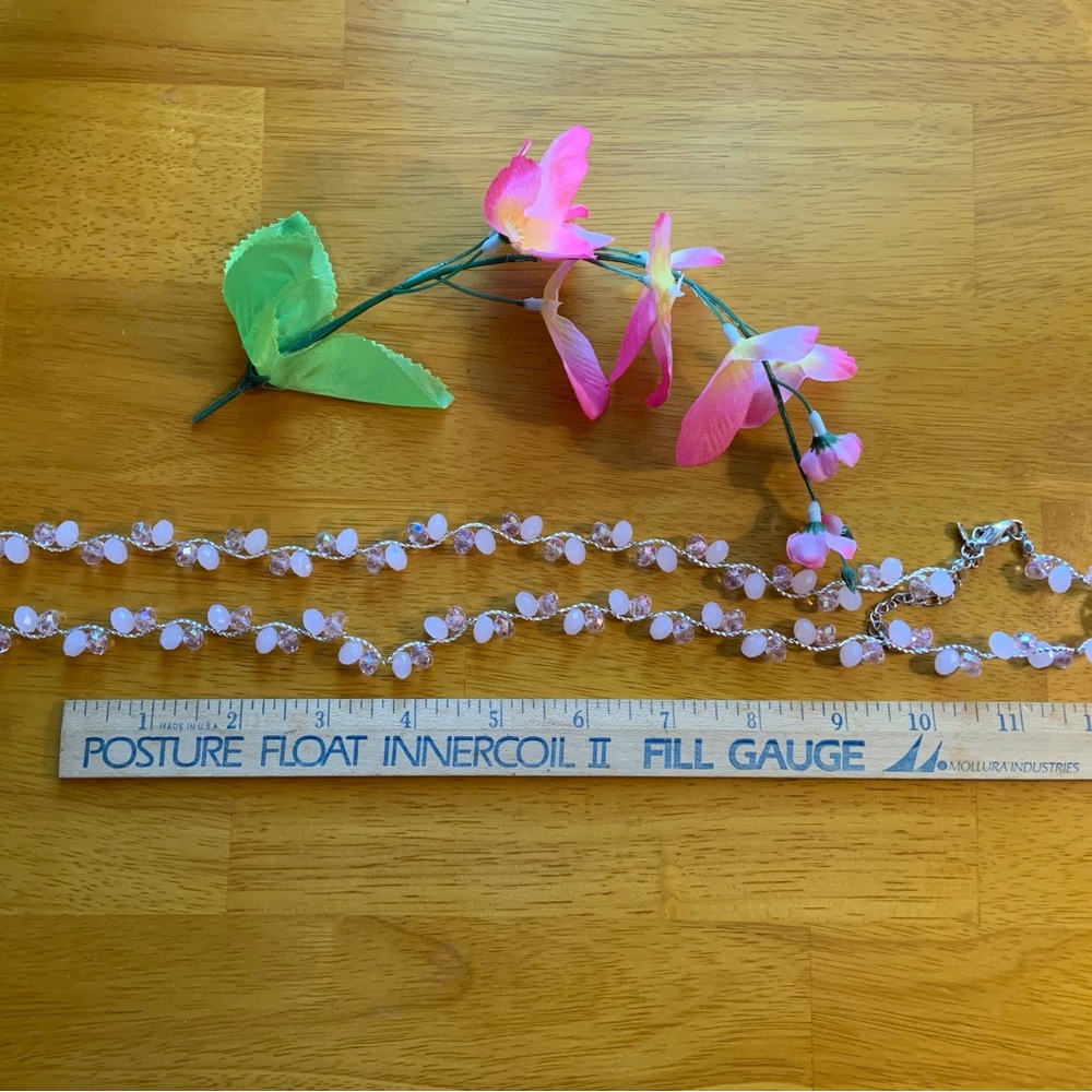 Beautiful opaque and clear pink glass bead 30 inch necklace with lobster claw